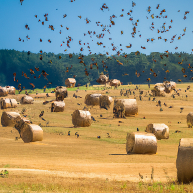 Rolling hay bales scattered across a golden field under a clear blue sky.